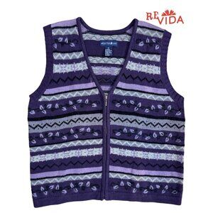 Vintage Purple Pattered Striped Sweater Vest with Zipper